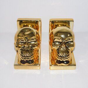 Set / Pair  of 2 Gold Tone Skull Book Ends ** READ